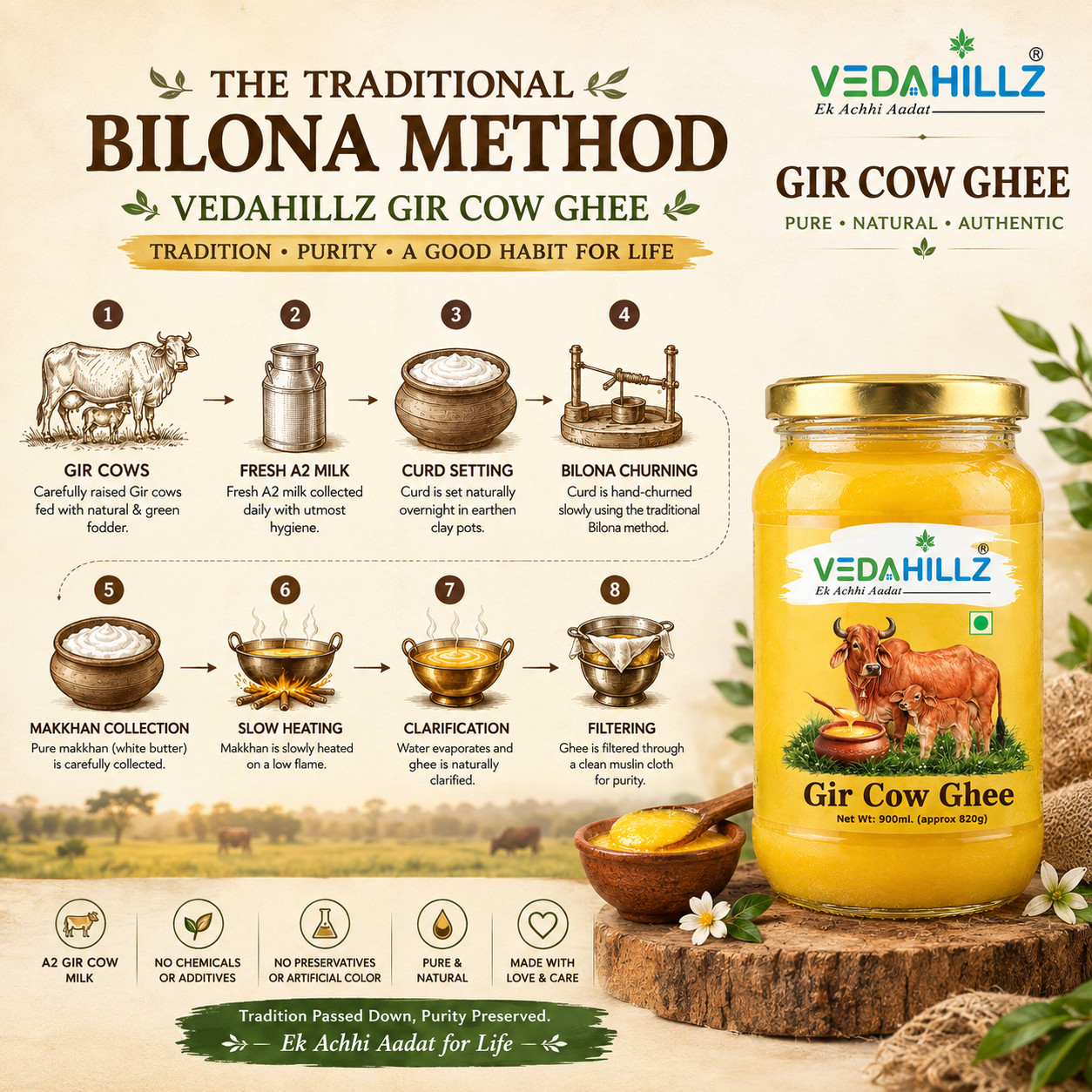 Vedahillz A2 Gir Cow Ghee | Bilona Churned Pure Desi Ghee